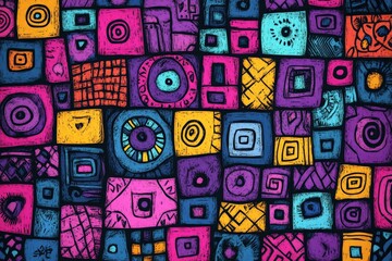 Colorful abstract geometric patterns create a vibrant visual experience in a lively urban artwork