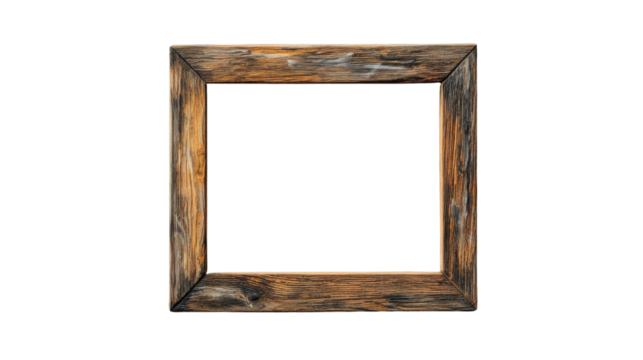 Empty rustic wooden picture frame with transparent background