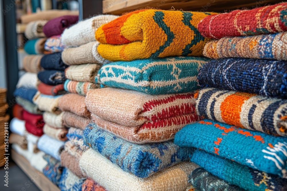Poster vibrant handmade textiles stacked neatly in a cozy shop showcasing colorful patterns and textures