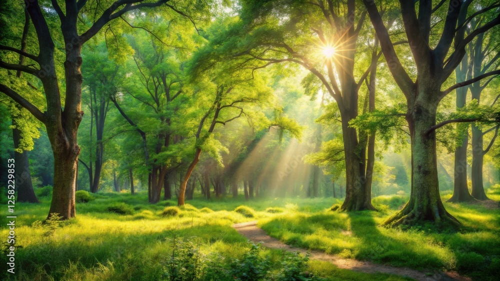 Poster sunlight streams through dense forest canopy, illuminating a path through lush green foliage and a f