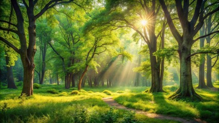 Naklejka premium Sunlight Streams Through Dense Forest Canopy, Illuminating a Path Through Lush Green Foliage and a Field of Vibrant Green Grass