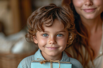 Mother day, Mom and son are happy,giving a gift