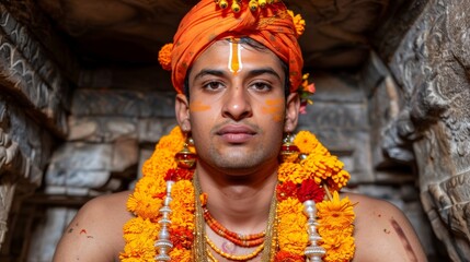 A young man is adorned with bright flowers and traditional jewelry while participating in a religious event