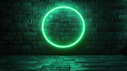 Green neon circle on brick wall, dark room, floor tiles, background