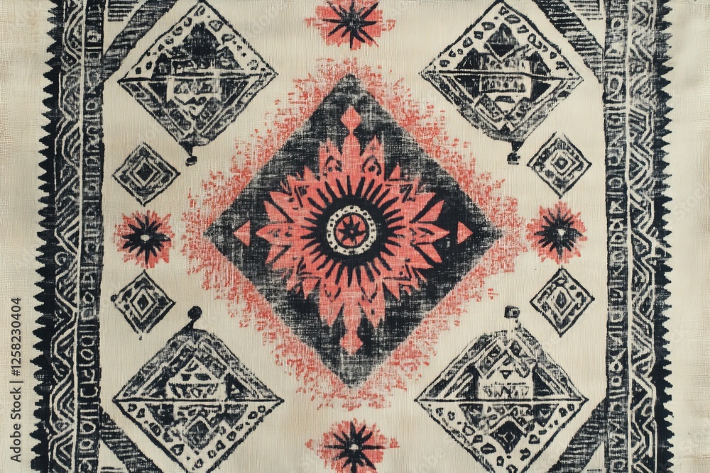 Poster intricate textile design featuring geometric patterns in vibrant colors on a light background