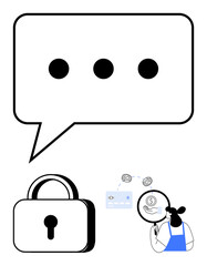 Speech bubble with ellipsis indicating communication, lock representing security, woman analyzing data with magnifying glass. Ideal for data privacy, online security, communication integrity