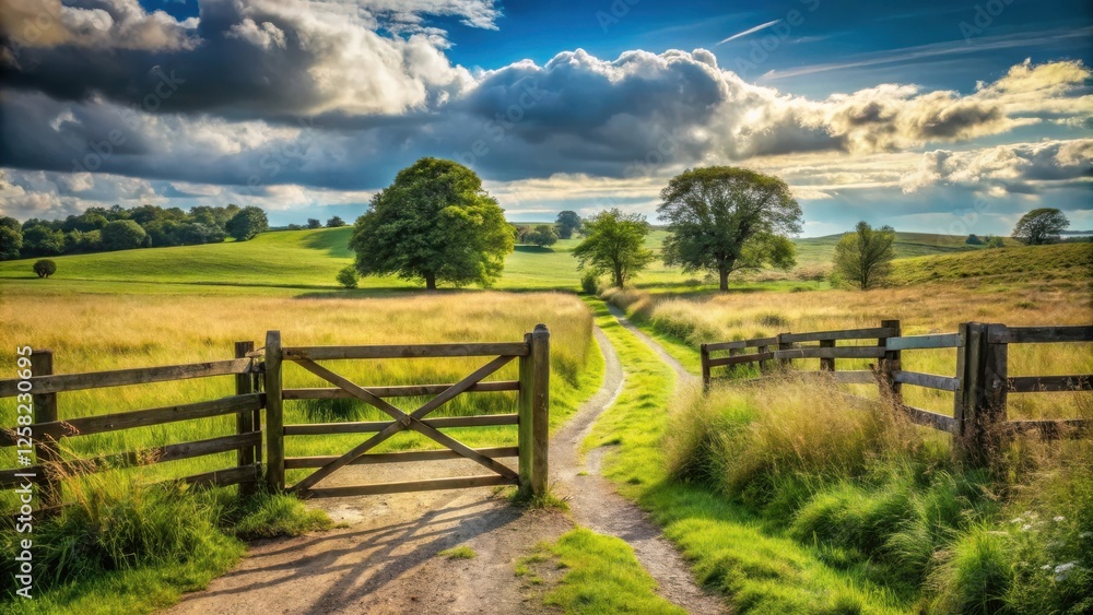 Poster a rustic wooden gate opening to a verdant path winding through a rolling green meadow, framed by a b