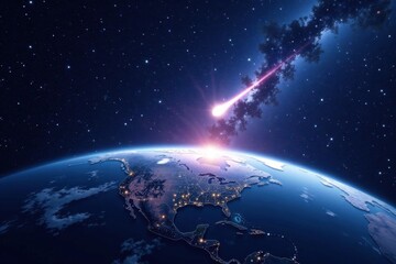 Fototapeta premium Comet streaks across a starry sky above planet Earth, space, cosmic object