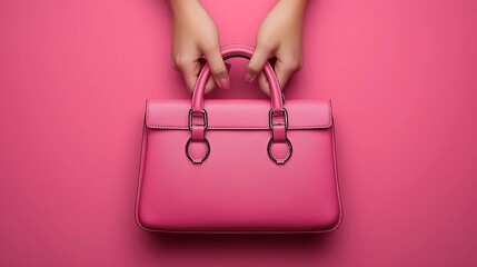 Hands holding a stylish pink handbag against a vibrant pink background in a minimalist setting