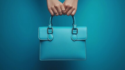 Stylish turquoise handbag held by hands against a vibrant blue background showcasing elegance and fashion trends