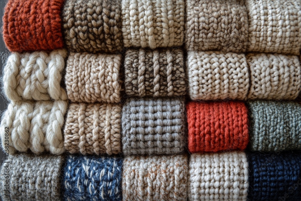 Poster textured yarn samples display various knitting patterns in neutral and warm colors for creative craf