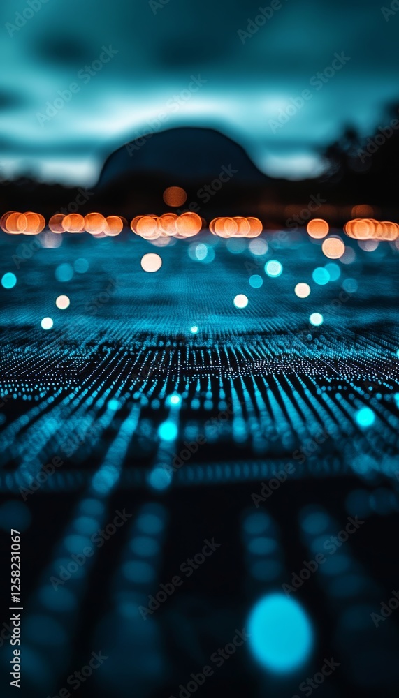 Poster blue circuit board with abstract data points, representing global network connection and technology