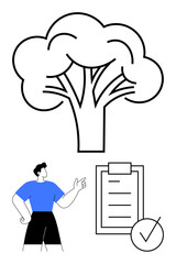 Man gesturing at task checklist with checkmark below abstract tree. Ideal for sustainability, eco practices, planning, goal setting, ecology, achievement, environmental responsibility. Abstract line