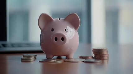 Pink Piggy Bank Surrounded by Coins on a Wooden Table Background
