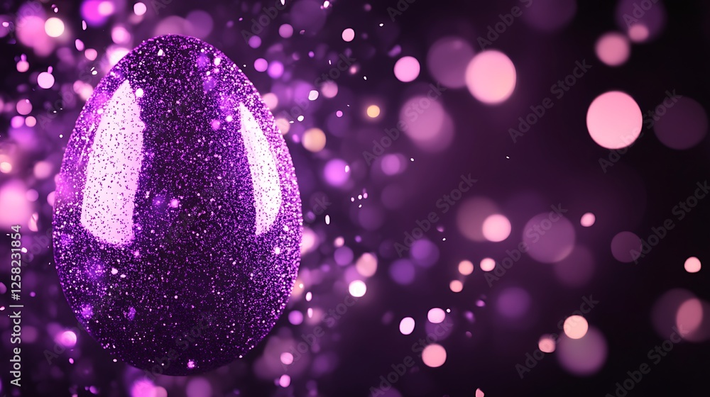 Poster sparkling festive egg ornament with bokeh effects and abstract purple gradient on dark background