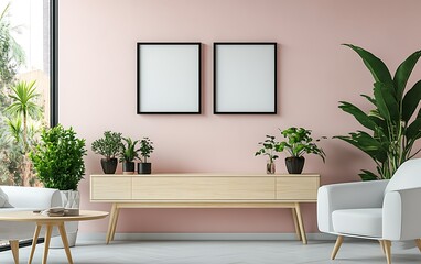 Pink wall living room interior design, plants, modern furniture