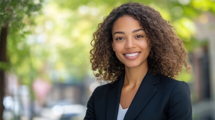 A confident businesswoman smiles warmly outdoors, showcasing professionalism and approachability amidst lush greenery in urban surroundings.