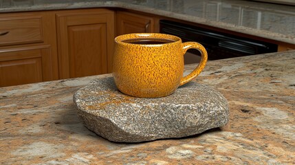 Bright Yellow Coffee Mug on Stone Surface in Modern Kitchen Setting