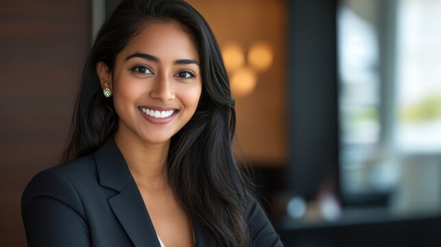 A confident businesswoman smiling in a modern office setting, showcasing professionalism and approachability for corporate-related themes.