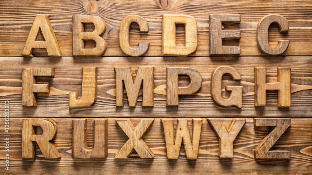 Poster wooden alphabet letters arranged in alphabetical order on a rustic wooden background