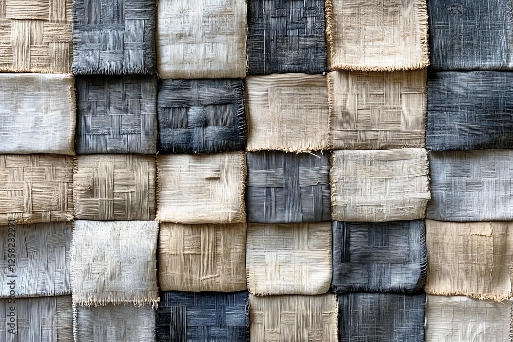 Aufkleber fabric squares arranged in a harmonious pattern showcasing texture and color variations in a textile
