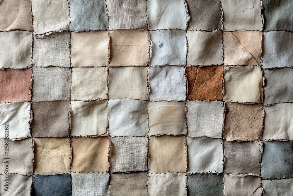 Poster textile patchwork showcases intricate patterns and textures in neutral tones on a fabric background