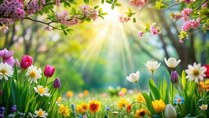 A vibrant meadow filled with colorful tulips, daisies, and blooming branches bathed in warm sunlight