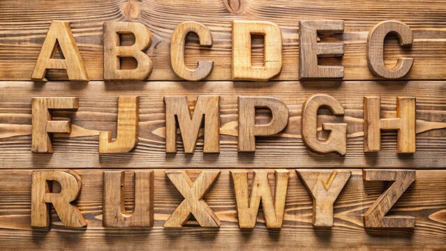 Wooden alphabet letters arranged in alphabetical order on a rustic wooden background