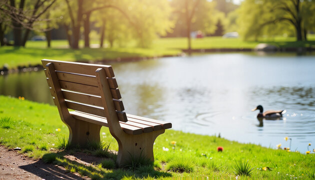 Wooden bench by the pond in a sunny park with colorful nature around