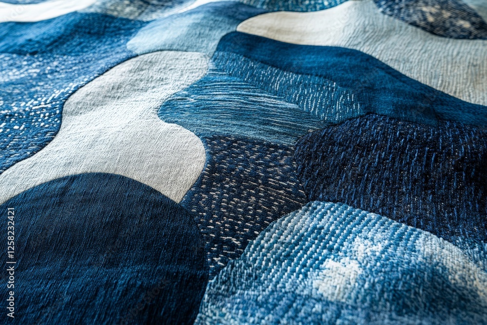 Poster textile design featuring intricate blue patterns with a mix of textures and shapes, highlighting fab