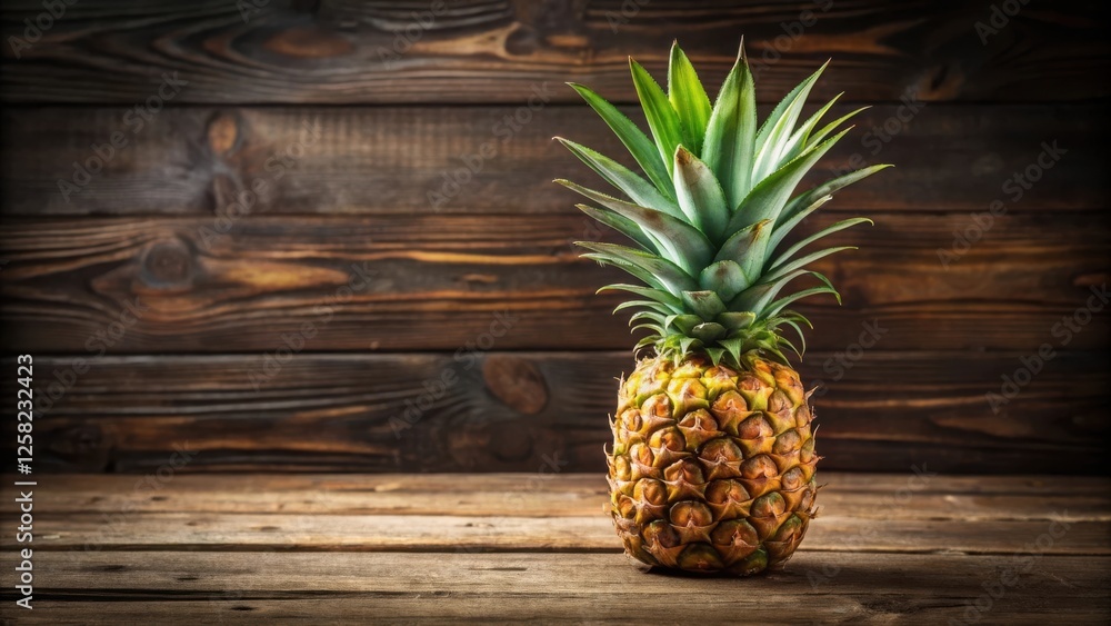 Poster a single ripe pineapple sits on a rustic wooden table with a blurred background of wooden planks