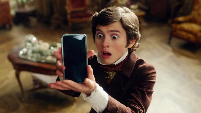 In a lavish vintage setting, a young person from the 1800s freaking out after being handed a smartphone for the first time