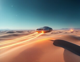 A futuristic hovercraft gliding through an illuminated desert landscape with vibrant energy trails.