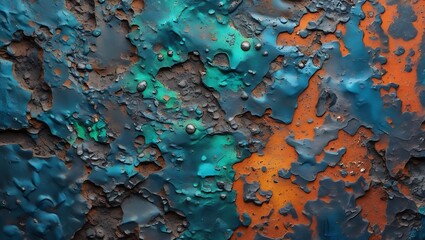 Fototapeta premium Textured blue and rust corroded metal surface, abstract grunge background with aged weathered patterns for creative and industrial designs