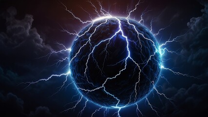 Spectacular thunder and lightning surround blue electric ball. Power energy sphere surrounded electrical lightnings vector background 