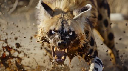 Aggressive rabid dog snarling with frothy saliva, intense eyes, and raised fur, isolated on a blurred background. Concept of danger, wild animal behavior, and rabies awareness