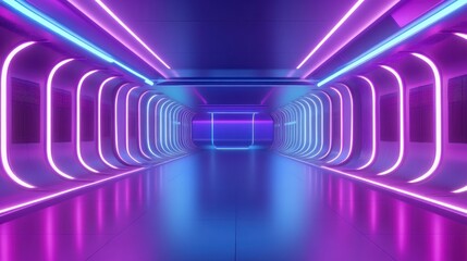 Neon corridor, futuristic tunnel, glowing lights, abstract background, tech design