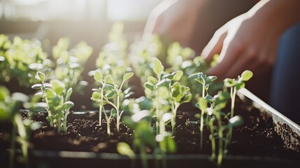 Close up of hands gently planting seedlings during a sustainable farming workshop in warm sunlight, emphasizing rich soil and vibrant young plants at a regenerative farming event