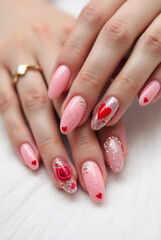 Romantic Valentine's Day Nail Art with Pink, Red Hearts, and Gold Glitter