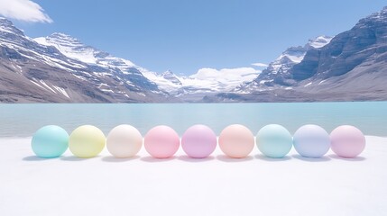 Spherical Pastel Colored Forms Against a Snowcapped Mountain and Lake Landscape Vista Scene