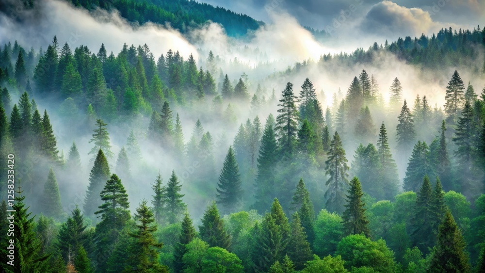 Poster a misty mountain forest enveloped in morning light, where sunlight filters through the dense canopy 