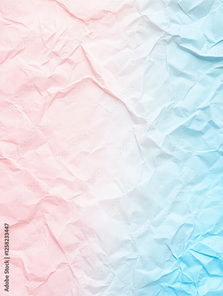 Poster crumpled paper with smooth color transition from pink to white to blue, creating a soft gradient.