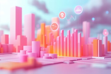 A vibrant, stylized urban landscape featuring colorful skyscrapers and financial icons, blending digital art with modern city aesthetics.