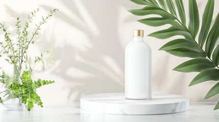 A minimalist skincare bottle surrounded by lush greenery on a marble surface, embodying serenity and natural beauty.