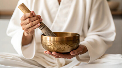 Mindfulness concept A person in a robe plays a brass singing bowl with a mallet for relaxation.