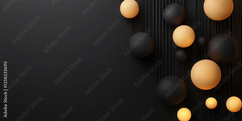 Poster information source analysis concept. abstract design with black and gold spheres on a dark backgroun