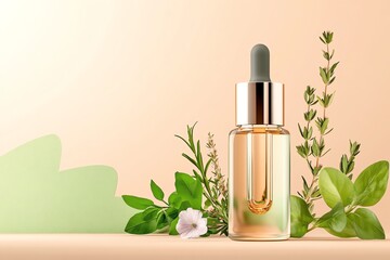 A serene beauty scene featuring a glass dropper bottle filled with essential oil surrounded by fresh herbs.