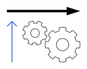 Black forward arrow above blue upward arrow with two interlocking gears. Ideal for engineering, progress, optimization themes, business strategy, innovation, teamwork, process improvement. Line