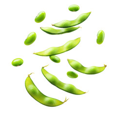Vibrant Falling Edamame Green Beans with Dynamic Clipping Path on Transparent Background