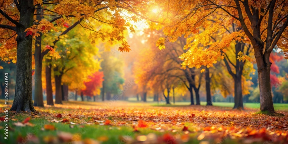 Aufkleber golden leaves fall from the trees, creating a carpet of color on the ground in an autumnal forest